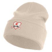 Iridescent "No.1 Mom" Heart Iron on Patched 12 Inch Long Knitted Beanie - Birch OSFM