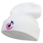 Abstract Music Note Embroidered 12 Inch Long Knitted Beanie - White OSFM