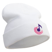 Abstract Music Note Embroidered 12 Inch Long Knitted Beanie - White OSFM