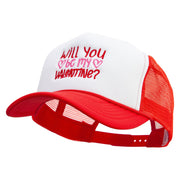 Will You Be My Valentine Embroidered Summer Foam Mesh Trucker Cap - Red-White OSFM