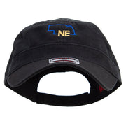 Nebraska Map Outline Embroidered Garment Washed Adjustable Army Cap - Black OSFM