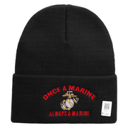 Once A Marine Always a Marine Logo Embroidered 12 Inch Solid Knit Cuff Long Beanie Made in USA - Black OSFM