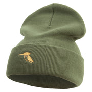 Made in USA Kingfisher Bird Embroidered 12 Inch Solid Knit Cuff Long Beanie - Olive OSFM