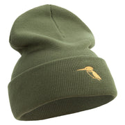 Made in USA Kingfisher Bird Embroidered 12 Inch Solid Knit Cuff Long Beanie - Olive OSFM