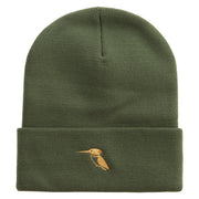 Made in USA Kingfisher Bird Embroidered 12 Inch Solid Knit Cuff Long Beanie - Olive OSFM