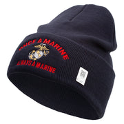 Once A Marine Always a Marine Logo Embroidered 12 Inch Solid Knit Cuff Long Beanie Made in USA - Navy OSFM