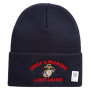 Once A Marine Always a Marine Logo Embroidered 12 Inch Solid Knit Cuff Long Beanie Made in USA - Navy OSFM
