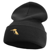 Made in USA Kingfisher Bird Embroidered 12 Inch Solid Knit Cuff Long Beanie - Black OSFM