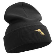 Made in USA Kingfisher Bird Embroidered 12 Inch Solid Knit Cuff Long Beanie - Black OSFM