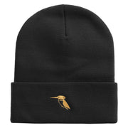 Made in USA Kingfisher Bird Embroidered 12 Inch Solid Knit Cuff Long Beanie - Black OSFM