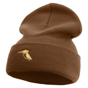 Made in USA Kingfisher Bird Embroidered 12 Inch Solid Knit Cuff Long Beanie - Coyote-Brown OSFM