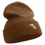 Made in USA Kingfisher Bird Embroidered 12 Inch Solid Knit Cuff Long Beanie - Coyote-Brown OSFM