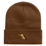 Made in USA Kingfisher Bird Embroidered 12 Inch Solid Knit Cuff Long Beanie - Coyote-Brown OSFM