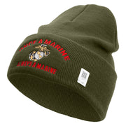 Once A Marine Always a Marine Logo Embroidered 12 Inch Solid Knit Cuff Long Beanie Made in USA - Olive OSFM