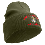 Once A Marine Always a Marine Logo Embroidered 12 Inch Solid Knit Cuff Long Beanie Made in USA - Olive OSFM