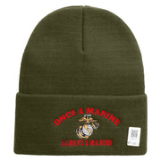 Once A Marine Always a Marine Logo Embroidered 12 Inch Solid Knit Cuff Long Beanie Made in USA - Olive OSFM