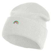 Tiny Rainbow Iron on Patched 12 Inch Long Knitted Beanie - White OSFM