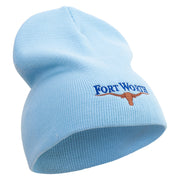 Made in USA Fort Worth with Bull Logo Embroidered 8 Inch Solid Knit Short Beanie - Carolina-Blue OSFM