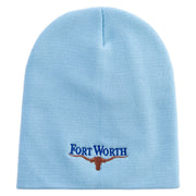 Made in USA Fort Worth with Bull Logo Embroidered 8 Inch Solid Knit Short Beanie - Carolina-Blue OSFM