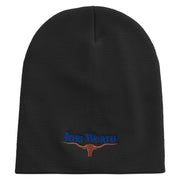 Made in USA Fort Worth with Bull Logo Embroidered 8 Inch Solid Knit Short Beanie - Black OSFM