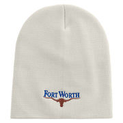 Made in USA Fort Worth with Bull Logo Embroidered 8 Inch Solid Knit Short Beanie - White OSFM