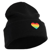 Heart Shaped Rainbow Iron on Patched 12 Inch Long Knitted Beanie - Black OSFM