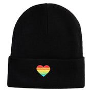 Heart Shaped Rainbow Iron on Patched 12 Inch Long Knitted Beanie - Black OSFM