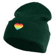 Heart Shaped Rainbow Iron on Patched 12 Inch Long Knitted Beanie - Dark Green OSFM
