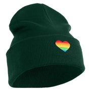 Heart Shaped Rainbow Iron on Patched 12 Inch Long Knitted Beanie - Dark Green OSFM