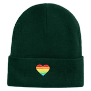Heart Shaped Rainbow Iron on Patched 12 Inch Long Knitted Beanie - Dark Green OSFM