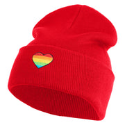 Heart Shaped Rainbow Iron on Patched 12 Inch Long Knitted Beanie - Red OSFM