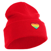 Heart Shaped Rainbow Iron on Patched 12 Inch Long Knitted Beanie - Red OSFM