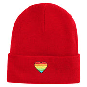 Heart Shaped Rainbow Iron on Patched 12 Inch Long Knitted Beanie - Red OSFM