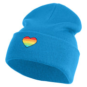 Heart Shaped Rainbow Iron on Patched 12 Inch Long Knitted Beanie - Aqua OSFM