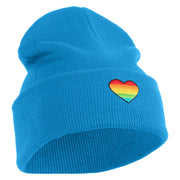 Heart Shaped Rainbow Iron on Patched 12 Inch Long Knitted Beanie - Aqua OSFM