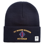 1st Marine Division Veteran Logo Embroidered 12 Inch Solid Knit Cuff Long Beanie Made in USA - Navy OSFM