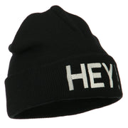 Hey Embroidered Long Cuff Beanie