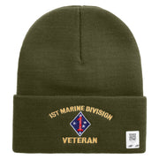 1st Marine Division Veteran Logo Embroidered 12 Inch Solid Knit Cuff Long Beanie Made in USA - Olive OSFM