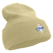 Made in USA Chicago Map Logo Embroidered Stretch ECO Cotton Long Beanie - Beige OSFM