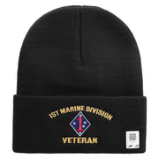 1st Marine Division Veteran Logo Embroidered 12 Inch Solid Knit Cuff Long Beanie Made in USA - Black OSFM