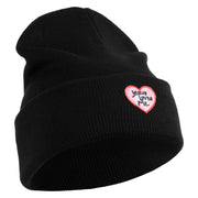 Jesus Loves Me Heart Iron on Patched 12 Inch Long Knitted Beanie - Black OSFM