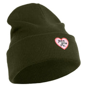 Jesus Loves Me Heart Iron on Patched 12 Inch Long Knitted Beanie - Olive OSFM
