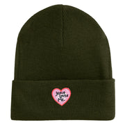 Jesus Loves Me Heart Iron on Patched 12 Inch Long Knitted Beanie - Olive OSFM