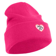 Jesus Loves Me Heart Iron on Patched 12 Inch Long Knitted Beanie - Magenta OSFM