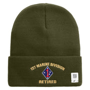1st Marine Division Retired Logo Embroidered 12 Inch Solid Knit Cuff Long Beanie Made in USA - Olive OSFM