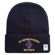 1st Marine Division Retired Logo Embroidered 12 Inch Solid Knit Cuff Long Beanie Made in USA - Navy OSFM