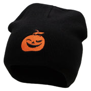 Smiling Pumpkin Embroidered 8 Inch Short Beanie - Black OSFM