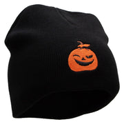 Smiling Pumpkin Embroidered 8 Inch Short Beanie - Black OSFM