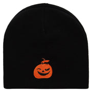 Smiling Pumpkin Embroidered 8 Inch Short Beanie - Black OSFM