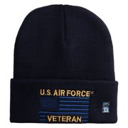 US Air Force Veteran with Flag Logo Embroidered 12 Inch Solid Knit Cuff Long Beanie Made in USA - Navy OSFM